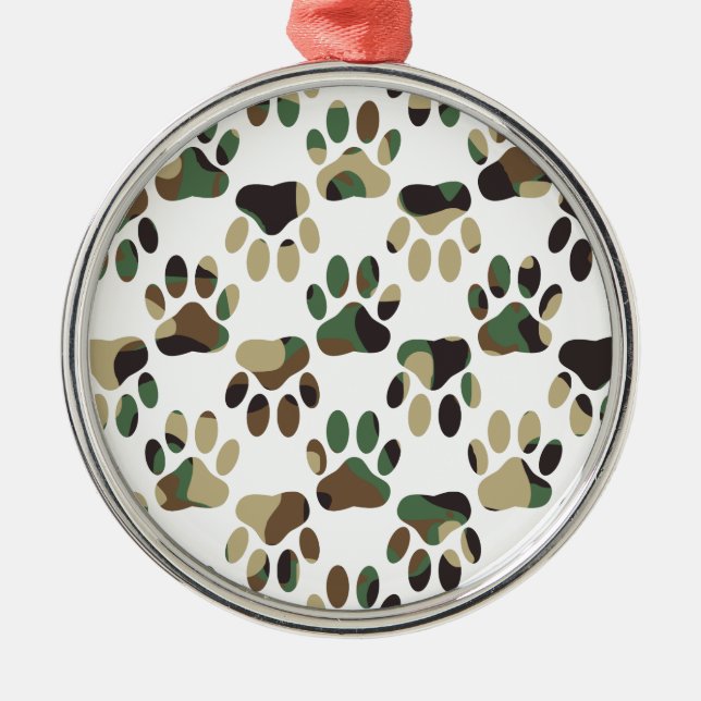 Camo Pattern Dog Paw Print Metal Ornament (Front)