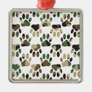 Camo Pattern Dog Paw Print Metal Ornament