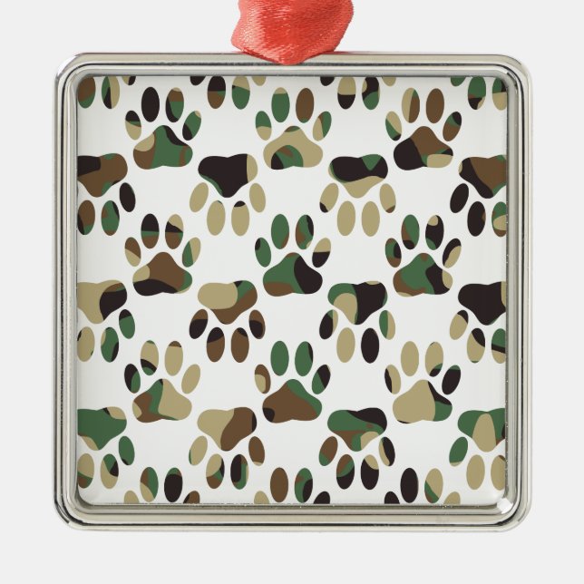 Camo Pattern Dog Paw Print Metal Ornament (Front)