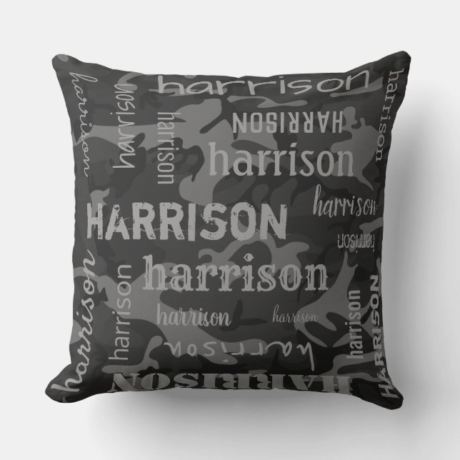 Camo Personalized Longer Name Charcoal Grey Throw Pillow (Front)