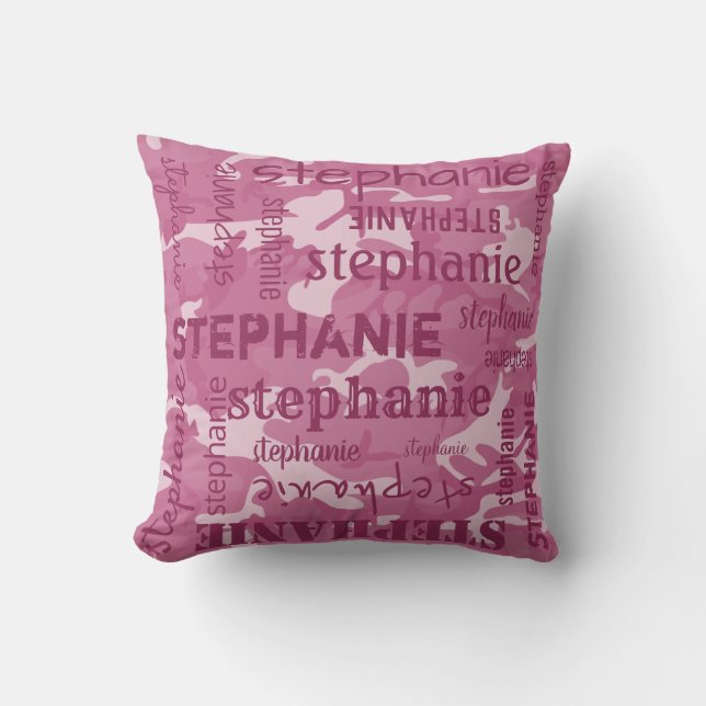 Camo Personalized Longer Name Pink Throw Pillow (Front)