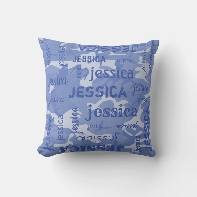 Camo Personalized Shorter Name Blue Throw Pillow (Front)