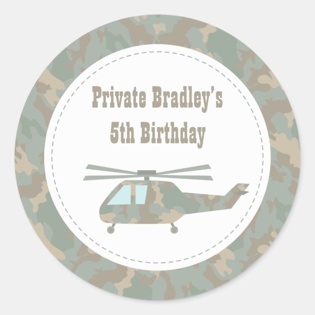 Camo Print Helicopter Army Boys Birthday Party Classic Round Sticker (Front)
