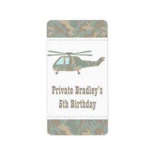 Camo Print Helicopter Army Boys Birthday Party Label