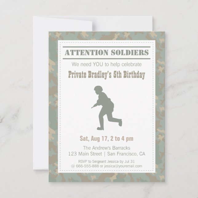 Camo Print Soldier Silhouette Army Birthday Party Invitation (Front)