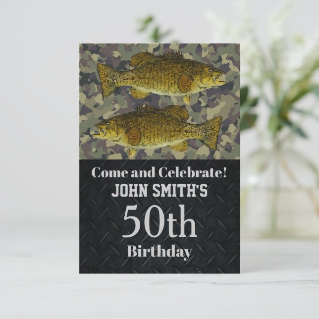 Camo Smalllmouth Bass Fishing 50th Birthday Invitation (Standing Front)