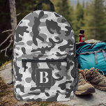 Camo Snow Personalized Modern Monogram Camouflage Printed Backpack<br><div class="desc">Introducing our modern and trendy camo backpack, perfect for kids, students, hikers, and day trippers! This cool backpack features a snow camo pattern with shades of charcoal, white and grey, giving it a military-inspired look that is sure to turn heads. The camo design is not only stylish, but also functional,...</div>