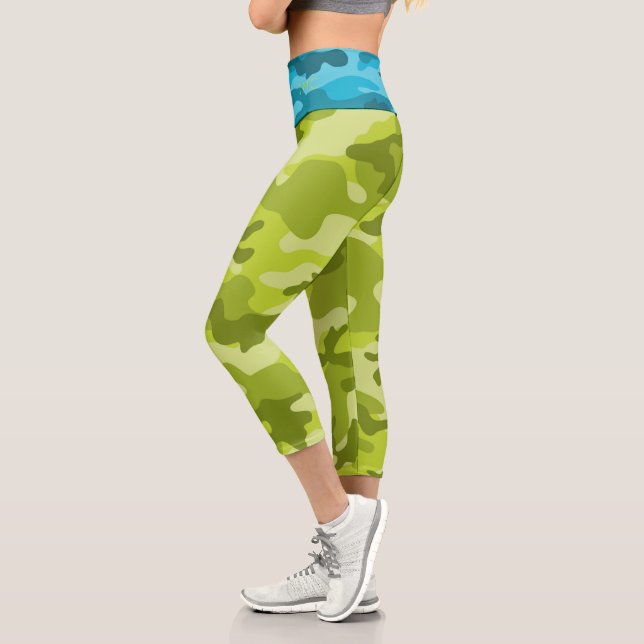 Camo Two tone blue green Monogram INITIALS Womens Capri Leggings (Left)