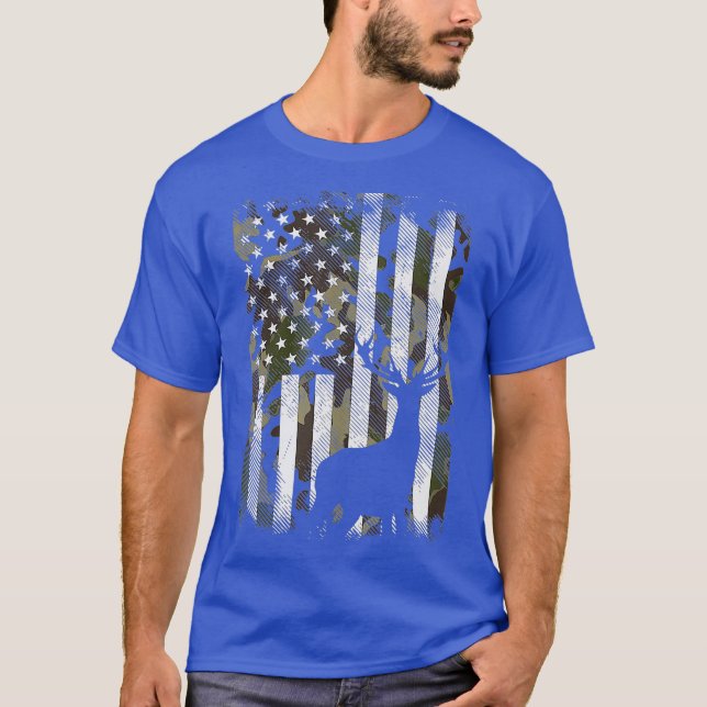 Camo US Flag Deer Elk Buck Camoflage Hunting Dad T-Shirt (Front)