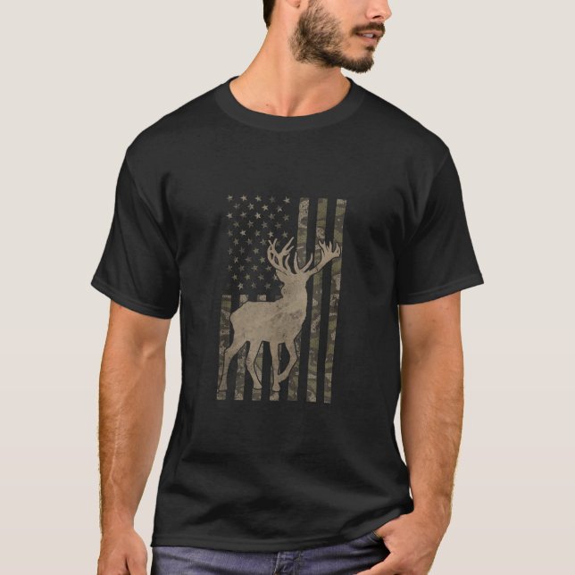 Camo US Flag Deer Elk Buck Camoflage Hunting Hunte T-Shirt (Front)