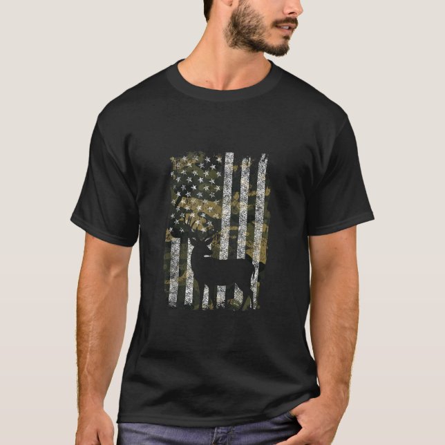 Camo US Flag Deer Elk Buck Camoflage Hunting Hunte T-Shirt (Front)