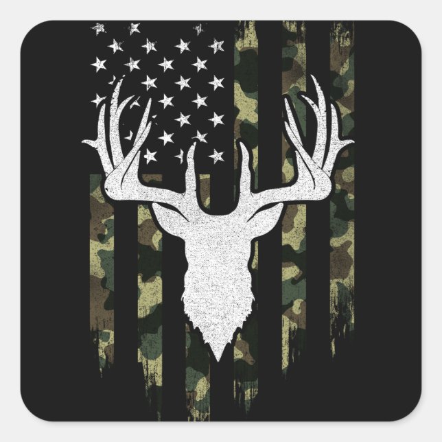 Camo Us Flag Deer Elk Buck Camoflage Hunting Square Sticker (Front)