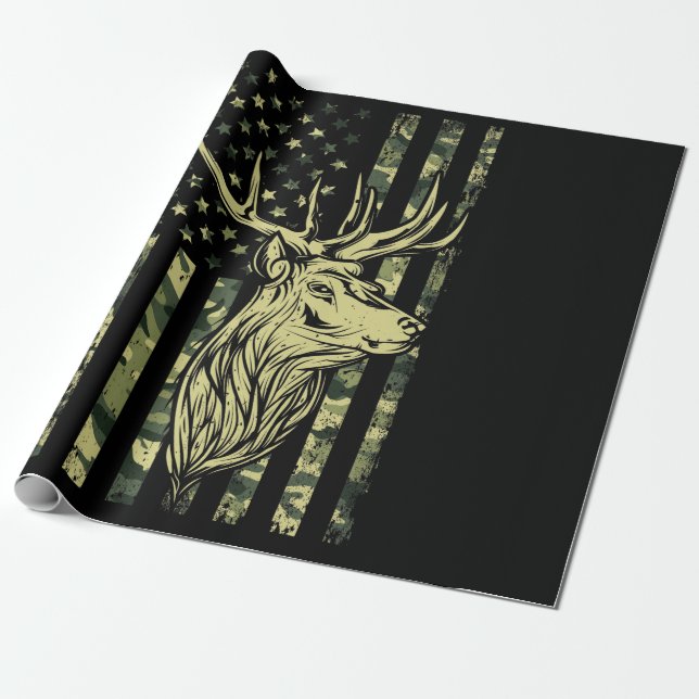 Camo US Flag Deer Elk Buck Camoflage Hunting Wrapping Paper (Unrolled)