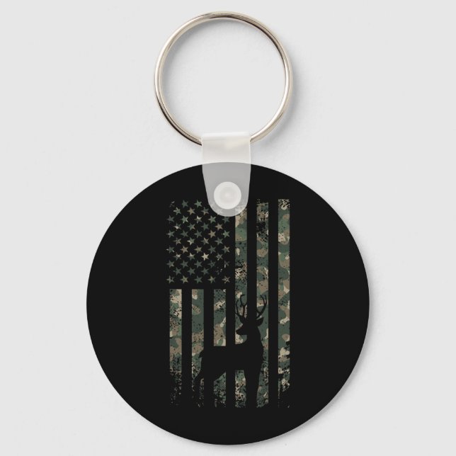 Camo Us Flag Deer Elk Buck Camouflage Hunting Hunt Keychain (Front)