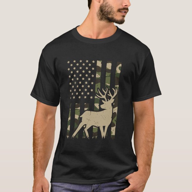 Camo US Flag Deer Elk Buck Camouflage Hunting Hunt T-Shirt (Front)