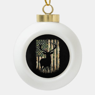 Camo US Flag Deer Hunting Camoflage Hunter Ceramic Ball Christmas Ornament