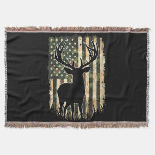 Camo US Flag Deer Hunting Camoflage Hunter Throw Blanket