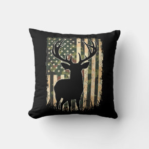 Camo US Flag Deer Hunting Camoflage Hunter Throw Pillow