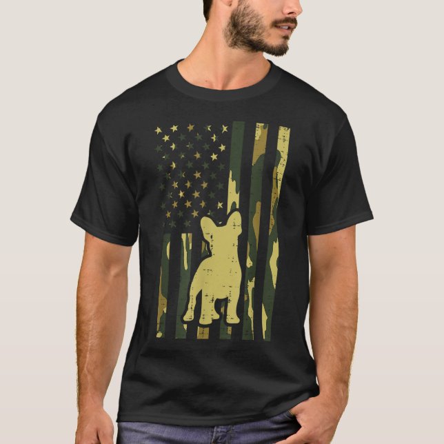 Camo US Flag French Bulldog Frenchie Patriot Dog L T-Shirt (Front)
