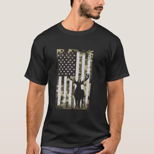 Camo USA Flag Deer Elk Buck Funny Camouflage Hunti T-Shirt (Front)