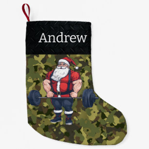 Camo Weightlifting Santa Barbell Gym Cool Fitness Small Christmas Stocking