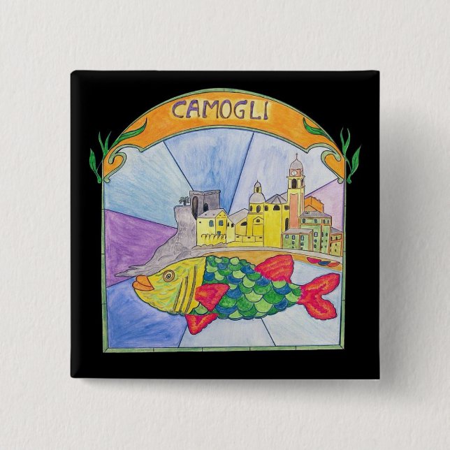 Camogli Fish 2 Inch Square Button (Front)