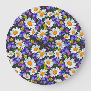 Camomile, wild flowers: seamless pattern. large clock