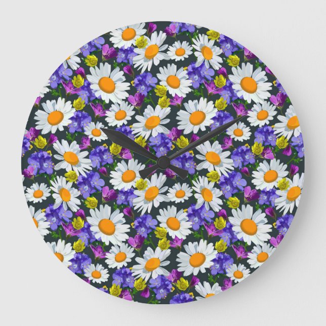 Camomile, wild flowers: seamless pattern. large clock (Front)