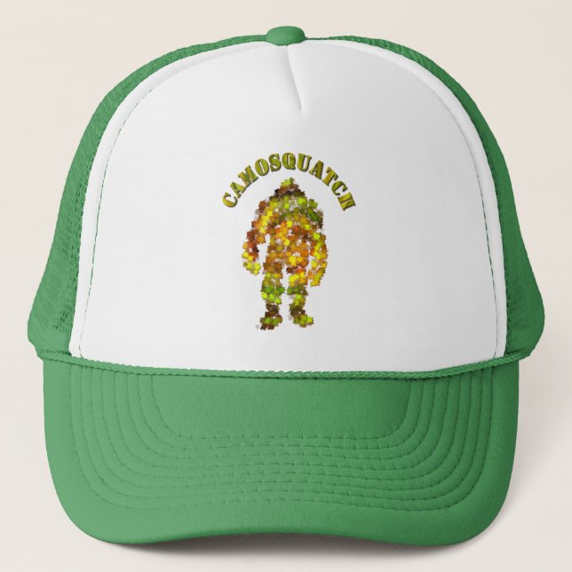 CamoSquatch: Bobo will never find Bigfoot Trucker Hat (Front)