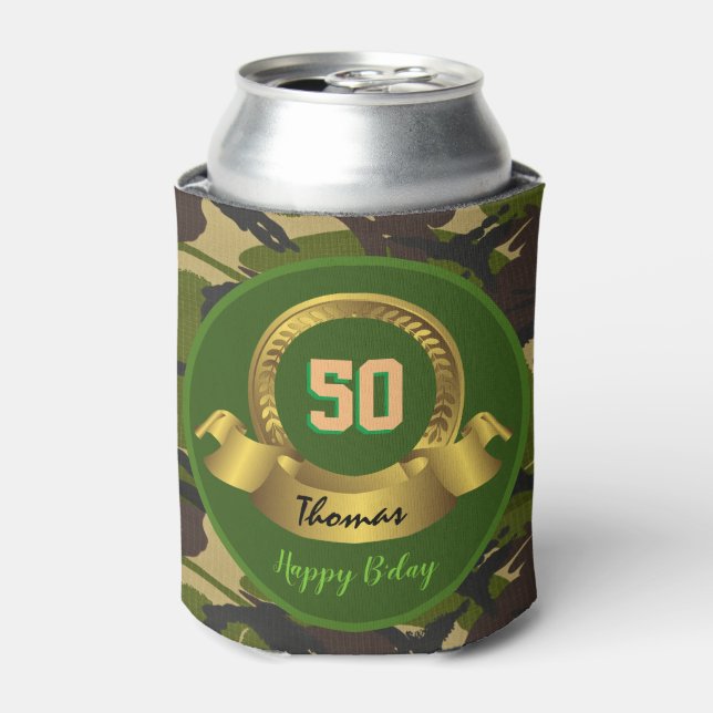 Camouflage army green 50th Birthday / hunter party Can Cooler (Can Front)
