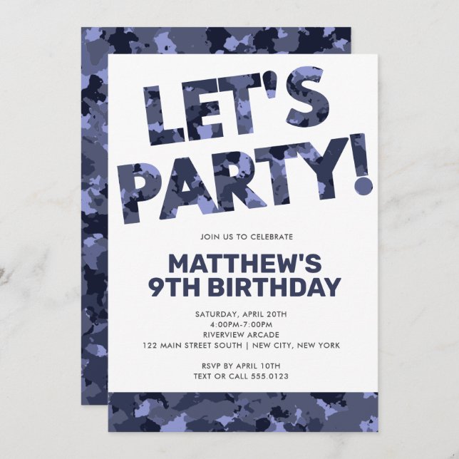 Camouflage Birthday, Let's Party Blue Camo Invitation (Front/Back)
