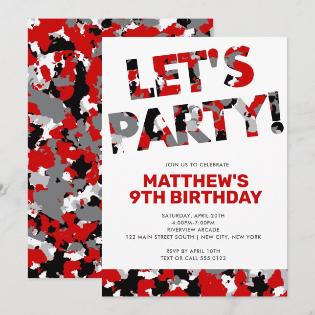 Camouflage Birthday, Let's Party Red Black Camo Invitation (Front/Back)
