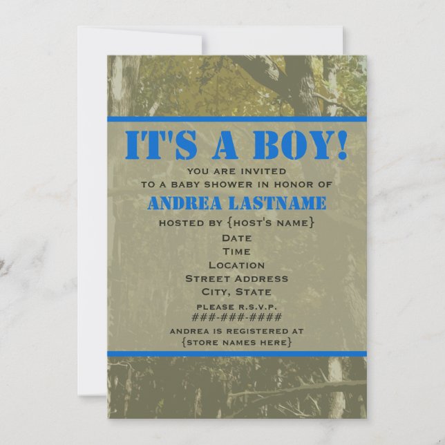 Camouflage & Blue Baby Shower Invitation (Front)