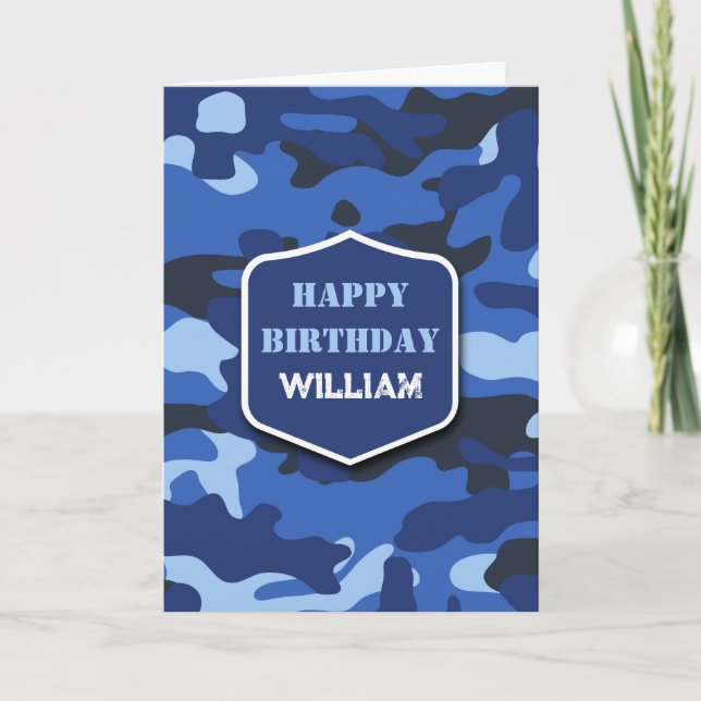 Camouflage Blue Camo Army Monogram Birthday  Card (Front)