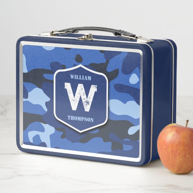 Camouflage Blue Camo Army Pattern Monogram Boy Metal Lunch Box (In Situ)