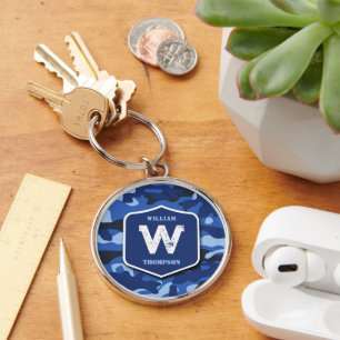 Camouflage Blue Camo Army Pattern Monogram Keychain