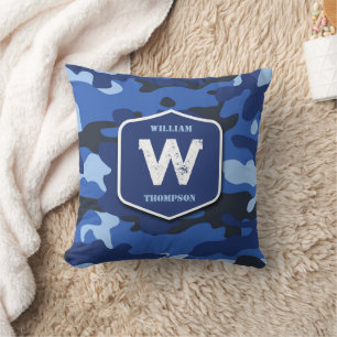 Camouflage Blue Camo Army Pattern Monogram   Throw Pillow