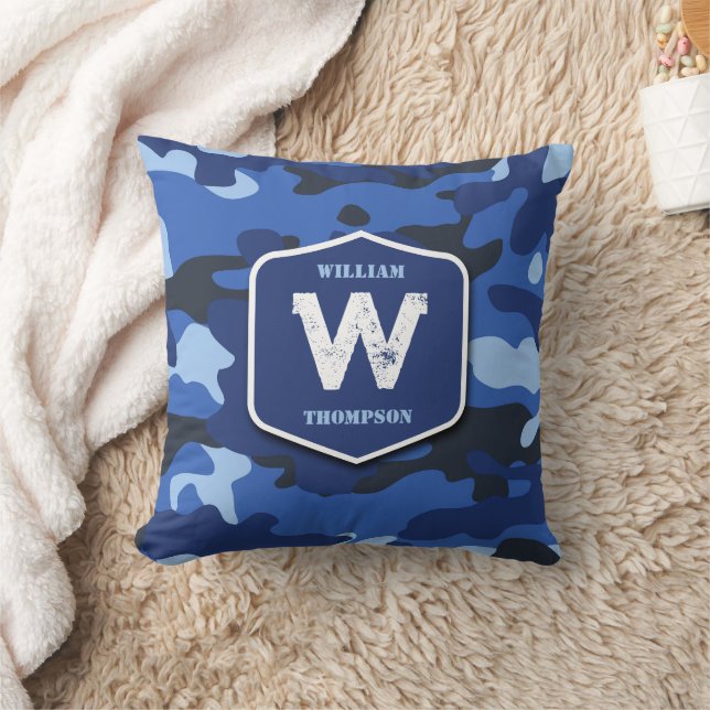 Camouflage Blue Camo Army Pattern Monogram   Throw Pillow (Blanket)