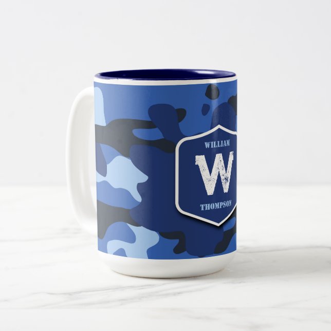 Camouflage Blue Camo Army Pattern Monogram   Two-Tone Coffee Mug (Front Left)
