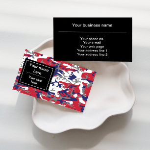 Camouflage, Blue White Red Grey, Military, Army Business Card
