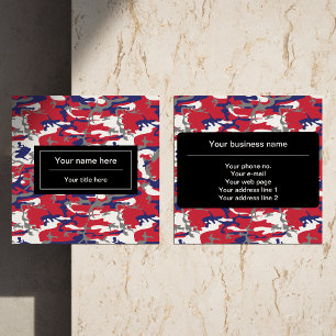 Camouflage, Blue White Red Grey, Military, Army Square Business Card