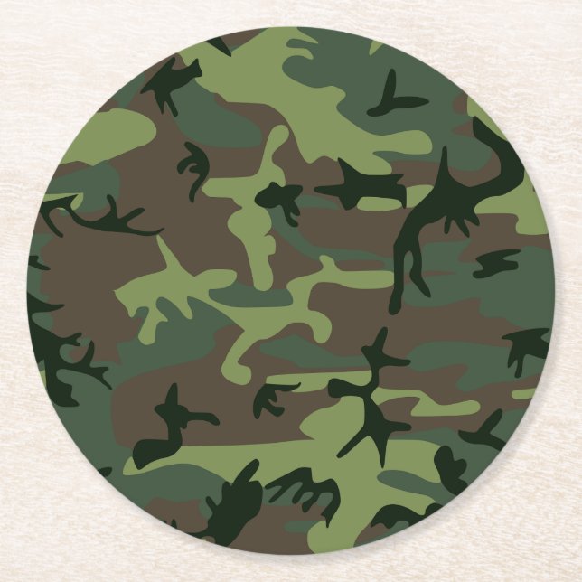 Camouflage Camo Green Brown Pattern Round Paper Coaster (Front)