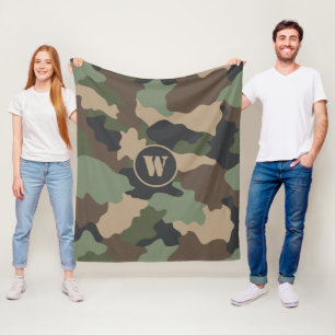 Camouflage Camo Khaki Green Tan Black Monogram Fleece Blanket