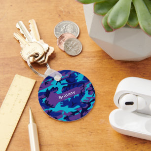 Camouflage Dark Blue & Purple Pattern Add Name Keychain