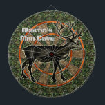 Camouflage Deer Hunter Man Cave Dartboard<br><div class="desc">This hunting themed dartboard has a picture of a deer / reindeer that is brown with large antlers. It also has a green and brown camo pattern and alternating shades of orange. This is a great game board for outdoorsmen, hunters and men with camouflage-themed man caves. Use the template to...</div>