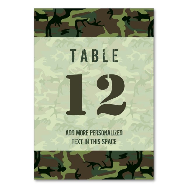 Camouflage Green Brown Camo Pattern Personalized Table Number (Front)