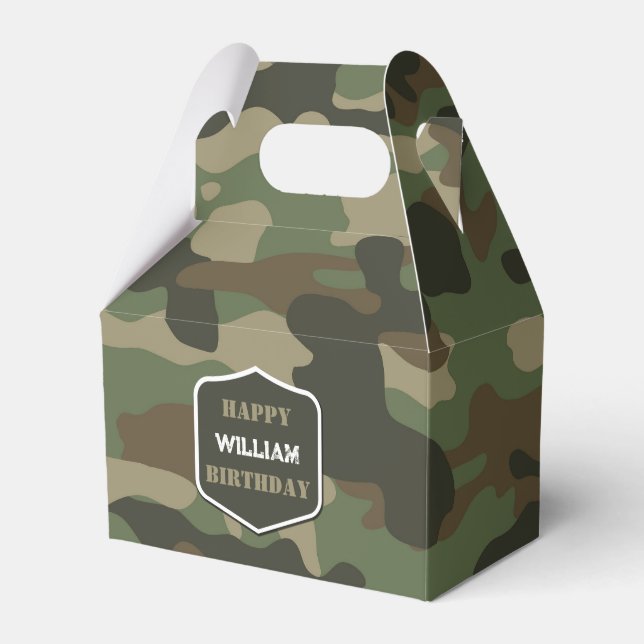 Camouflage Green Camo Army Monogram Birthday Name Favor Box (Front Side)
