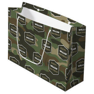 Camouflage Green Camo Army Monogram Birthday Name  Large Gift Bag
