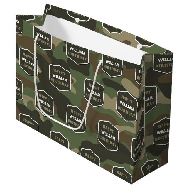 Camouflage Green Camo Army Monogram Birthday Name  Large Gift Bag (Front Angled)
