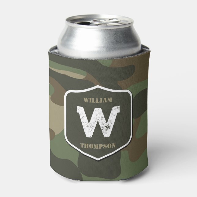 Camouflage Green Camo Army Pattern Monogram Can Cooler (Can Front)